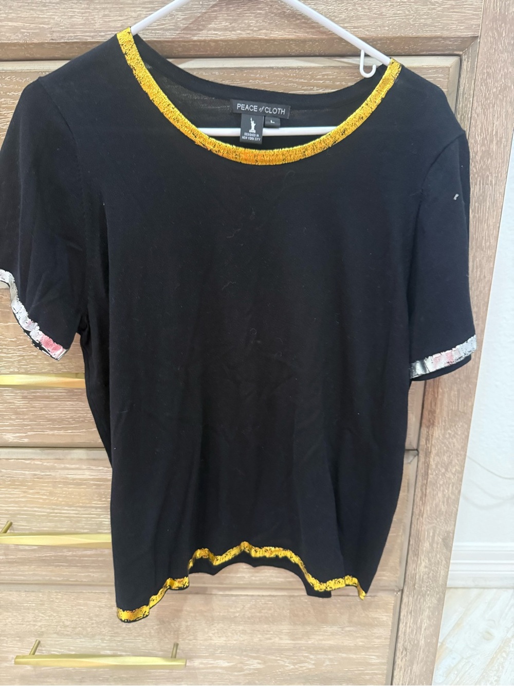 Peace of Cloth Black Short Sleeve Tee with Gold and Silver Trim